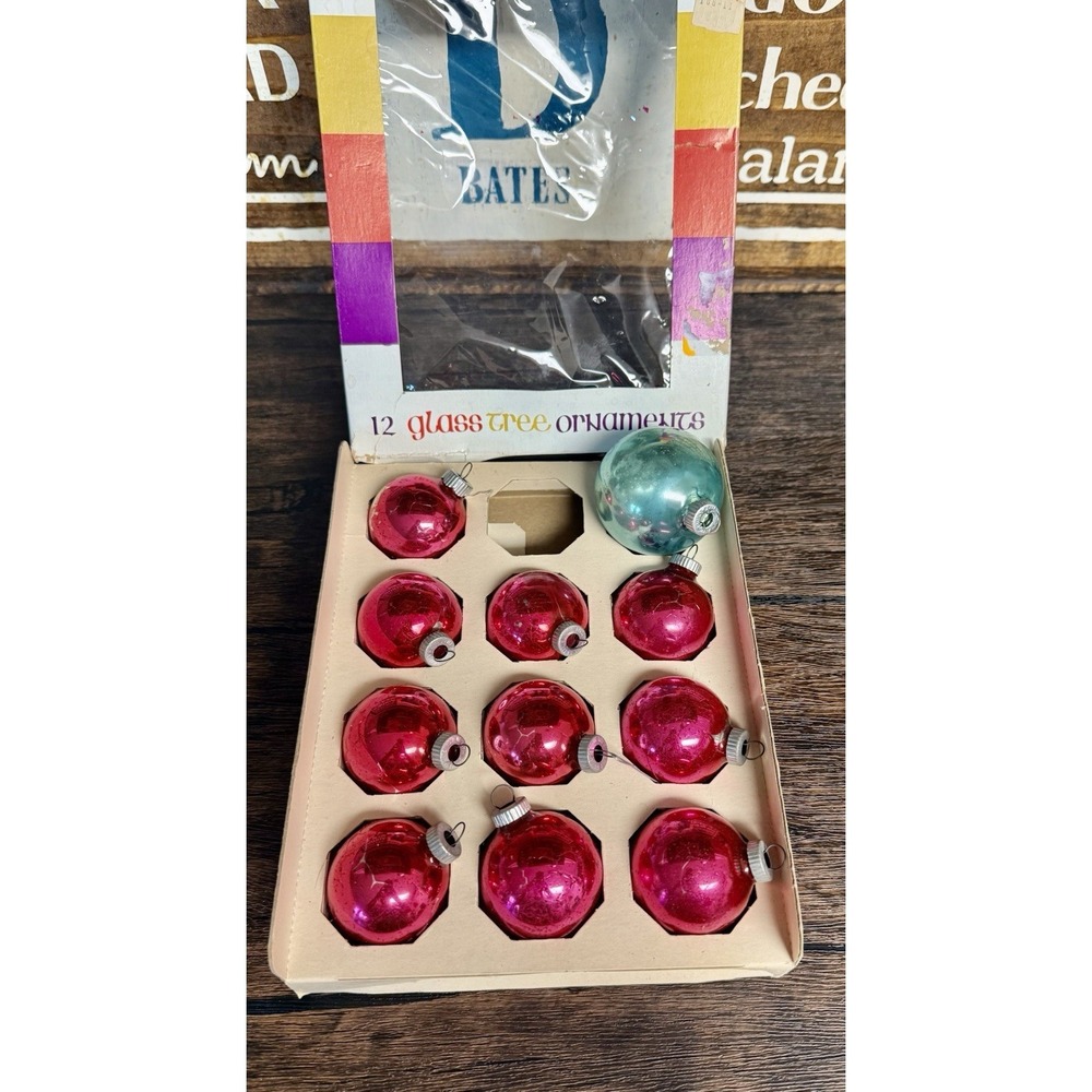 Vtg Shiny Brite 1 3/4" Mini Glass Christmas Tree Ornament Box Of 11 Pink & Teal